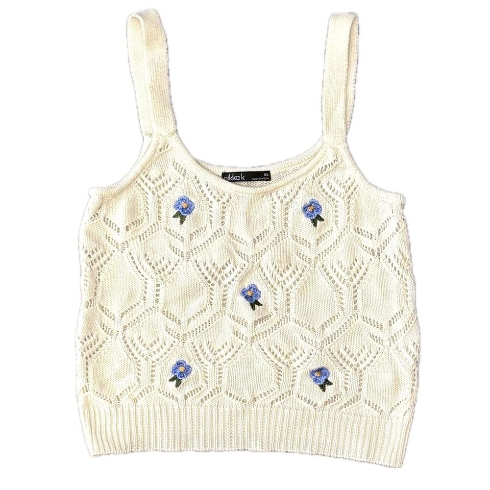 Nikka K Embroidered Blue Floral Delicate Crochet Pointelle Knit Crop Tank Top S
